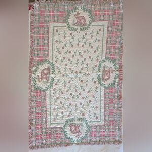 Vintage tapestry throw blanket fringe pink/ green bunnies rabbits Easter Cottage